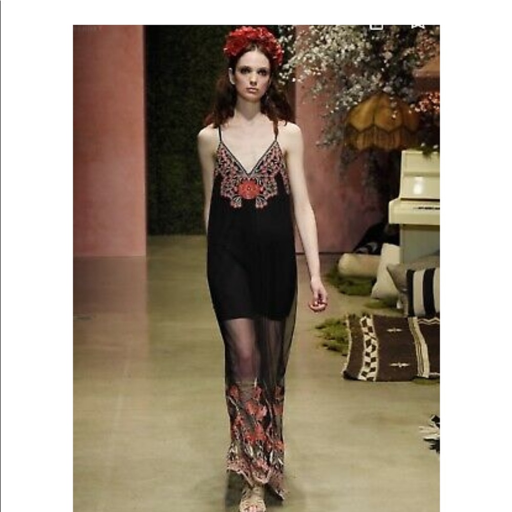 Alice + Olivia Black Maxi Dress with Red Floral Embroidery